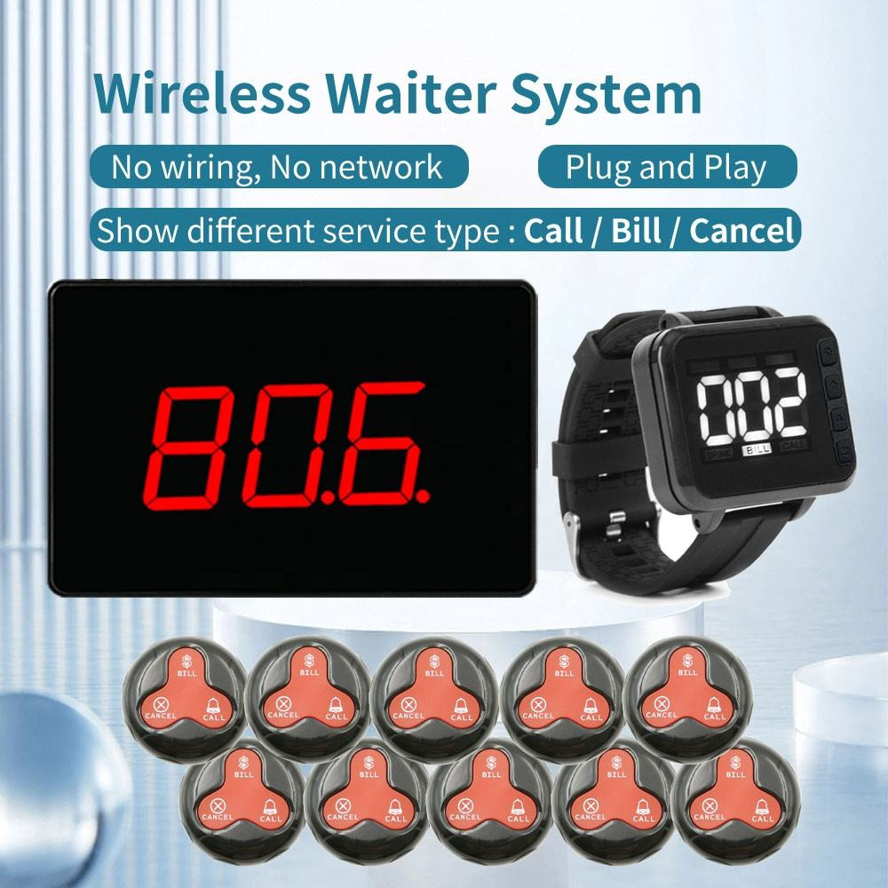 Wireless Restaurant Pager System – 10 Call Buttons with Display & Watch Receiver